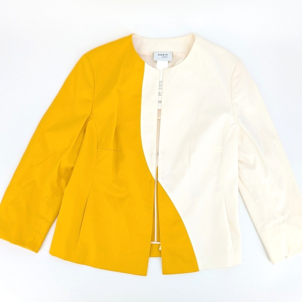 Akris Punto Womens Yellow White Colorblock Wave Blazer Jacket Silk Lined US 12‎